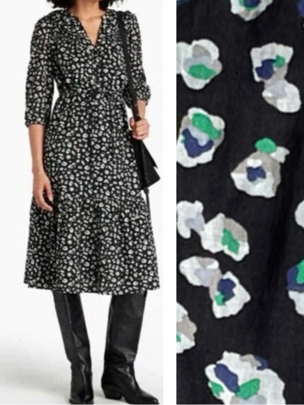BA&SH Bowi Print Midi Dress V Neck 3/4 Sleeve Black/White/ Green/Blue/Gray SZ 6